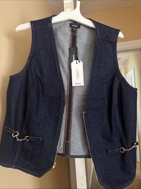 Express Dark Indigo Denim Vest with Gold Chain Accents